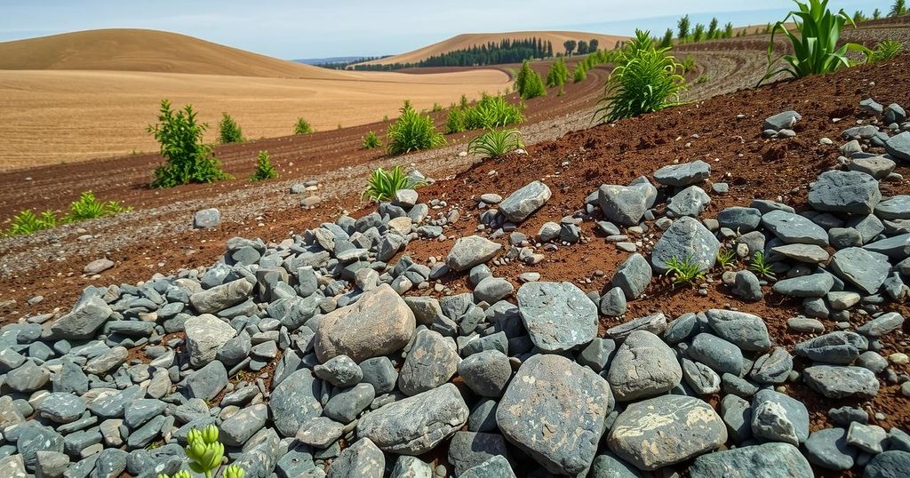 Rugged landscape filled with crushed basalt stones, representing rock weathering's role in climate change efforts.