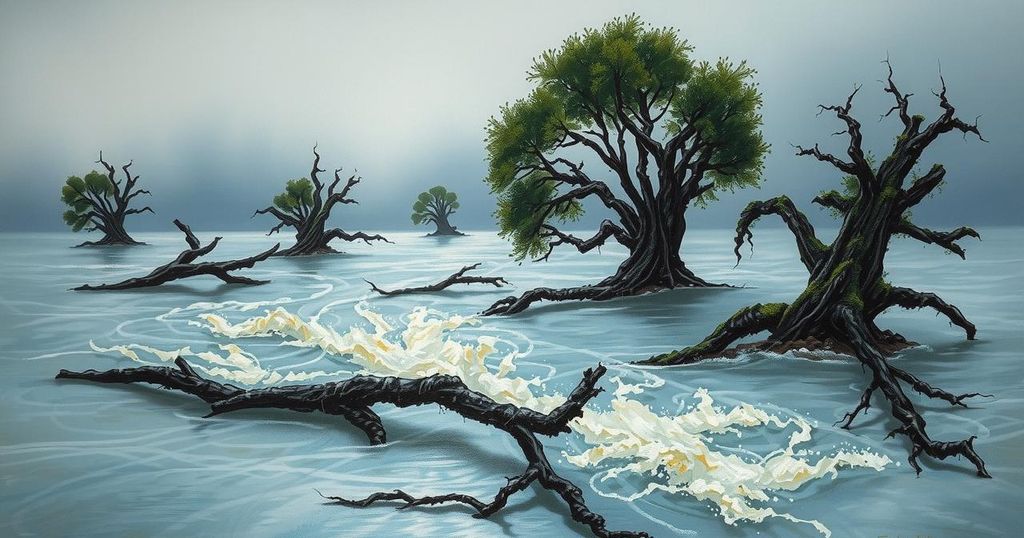 Devastating flooding scene in a South African landscape with heavy rain and fallen trees in muted tones.