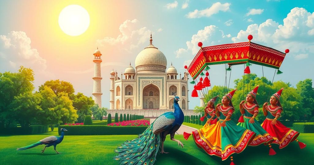 Colorful depiction of Taj Mahal, peacock, and traditional puppet show showcasing India's rich cultural heritage