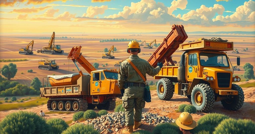 A colorful scene depicting military construction workers and equipment in a landscape of recovery and rebuilding.