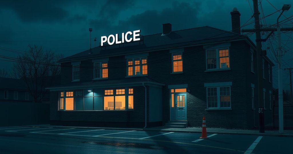 A somber scene depicting a police station at dusk, reflecting a serious atmosphere.