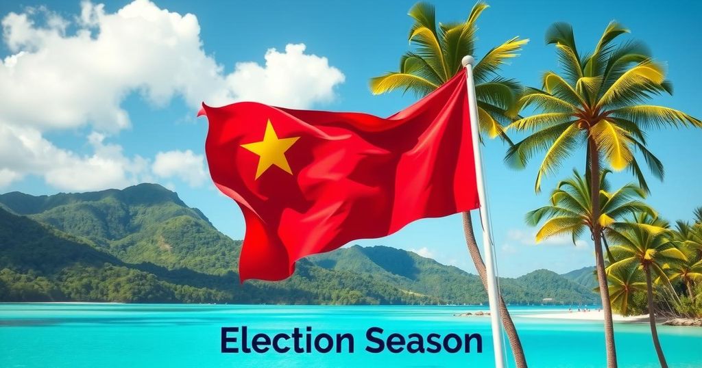 Samoan flag waving with a peaceful island backdrop during election period, showcasing democracy and political change.