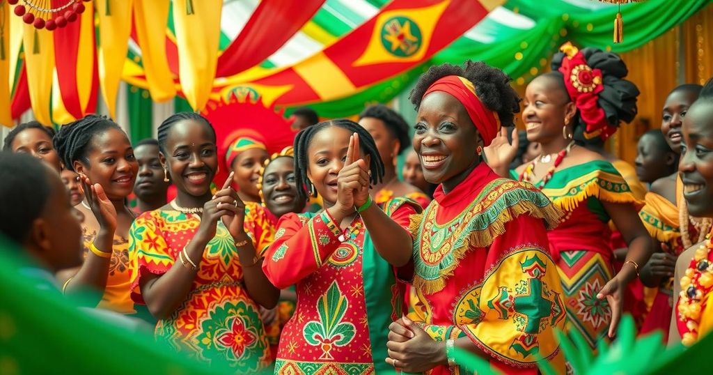 Colorful celebration scene in Africa with vibrant decorations and traditional motifs representing unity and growth.