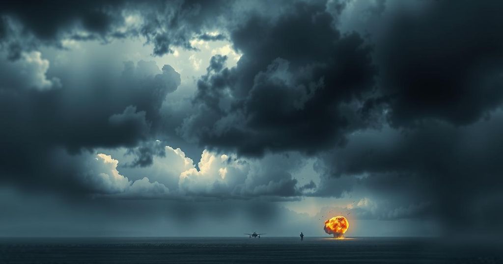 Dramatic skies and distant bomb explosions illustrating military conflict and tension in the Middle East.