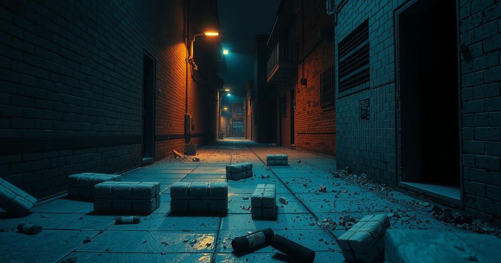 A dark alley with scattered bricks and debris, illuminated by soft streetlight glow, suggesting danger and unease.