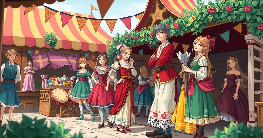 Renaissance fair scene with vibrant costumes, fun fantasy elements, and festive atmosphere filled with colors.