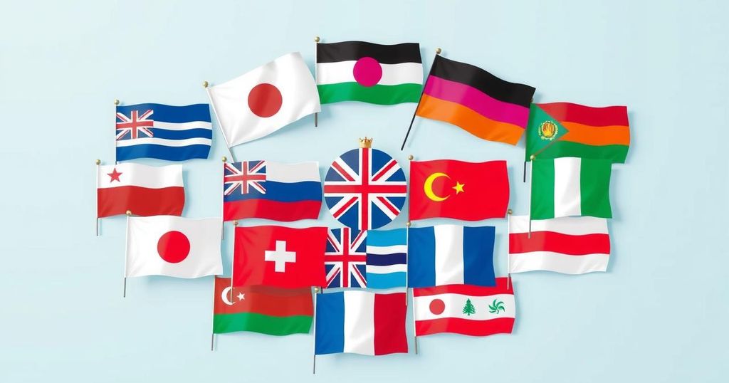 A collage of flags from twelve countries affected by a travel ban, emphasizing international relations and policy changes.