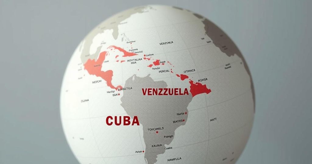 Illustration of countries affected by travel bans, with a globe showing Cuba, Venezuela, and Haiti in muted tones.