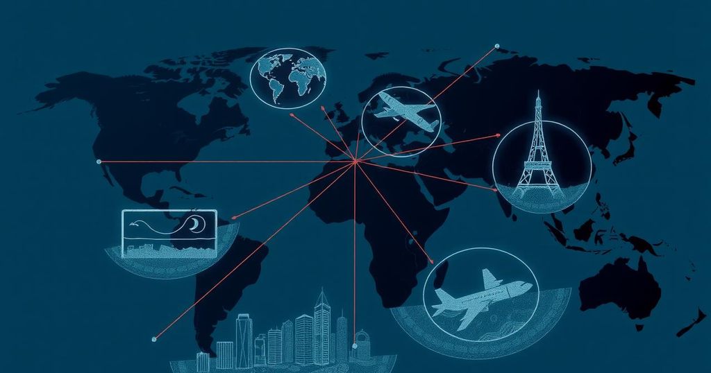 Abstract representation of travel restrictions with dark colors, borders, and international symbols illustrating the impact of bans.
