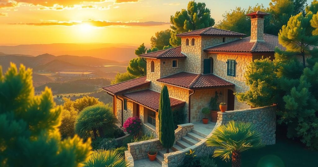 Cozy Mediterranean villa with lush greenery and charming architecture, reflecting a warm sunset glow.