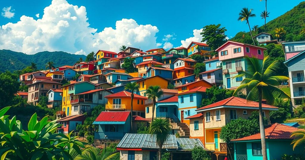 A colorful view of a Brazilian favela during a sunny day with vibrant houses and lush greenery.