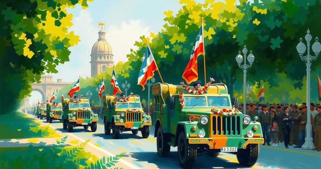 A parade with decorated army vehicles and greenery celebrating the military's history and unity.