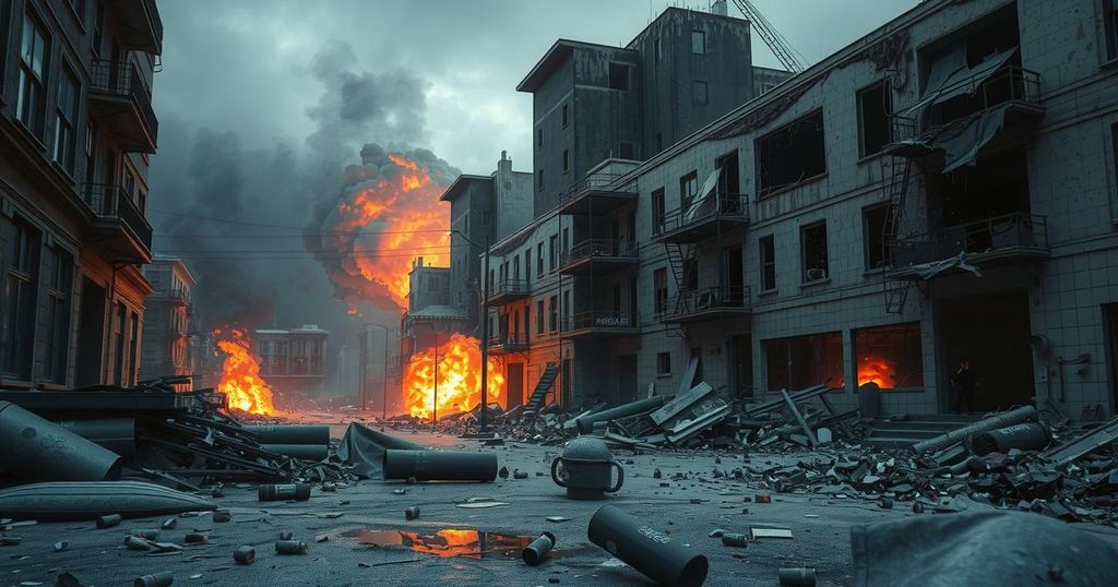 Destruction from bomb attacks showing wrecked buildings and debris in a city, conveying chaos and urgency in a conflict zone.