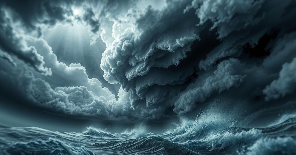 A stormy sky over a landscape, showcasing strong winds and dark clouds, a dramatic representation of nature's power.