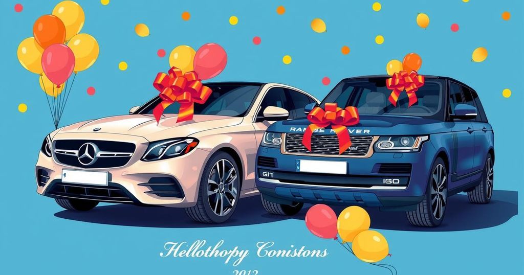 A luxurious gift display featuring cars with balloons and bows, illustrating generous philanthropy in Zimbabwe.
