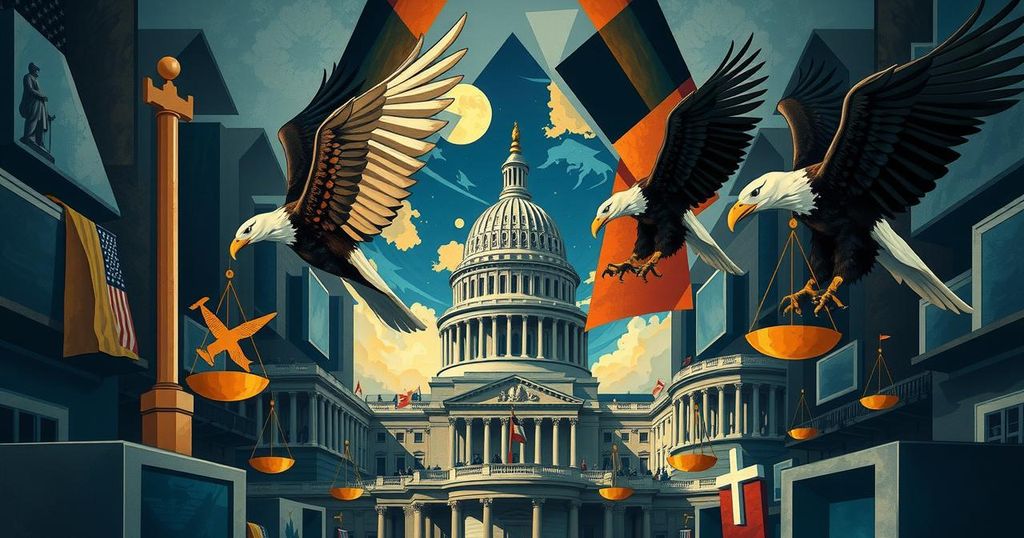 Senate debate scene reflecting political tension over military action, featuring symbol of democracy and Capitol building.
