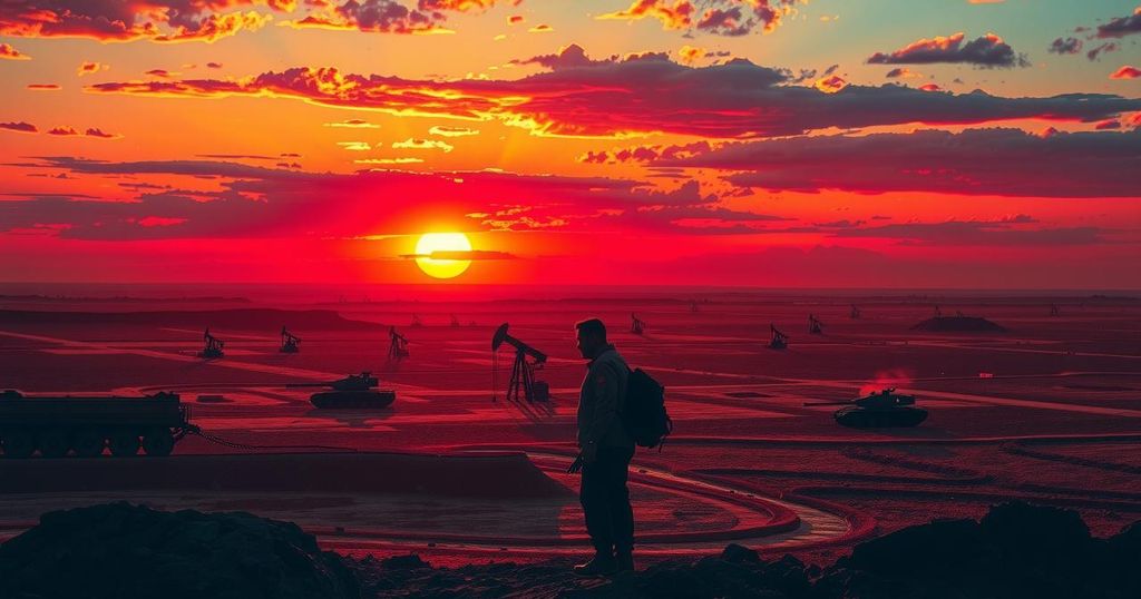 A depiction of a tense Middle Eastern landscape with oil fields and military silhouettes under a dramatic sunset.