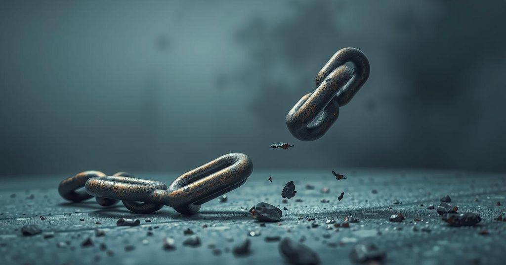 A somber image symbolizing the plight of Nigerians abroad, featuring a broken chain against a subdued backdrop.