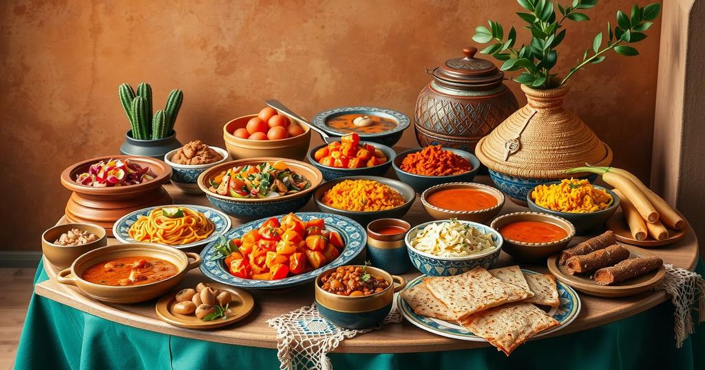 A colorful Moroccan feast featuring vibrant salads, aromatic dishes, and tempting desserts against a warm, inviting backdrop.