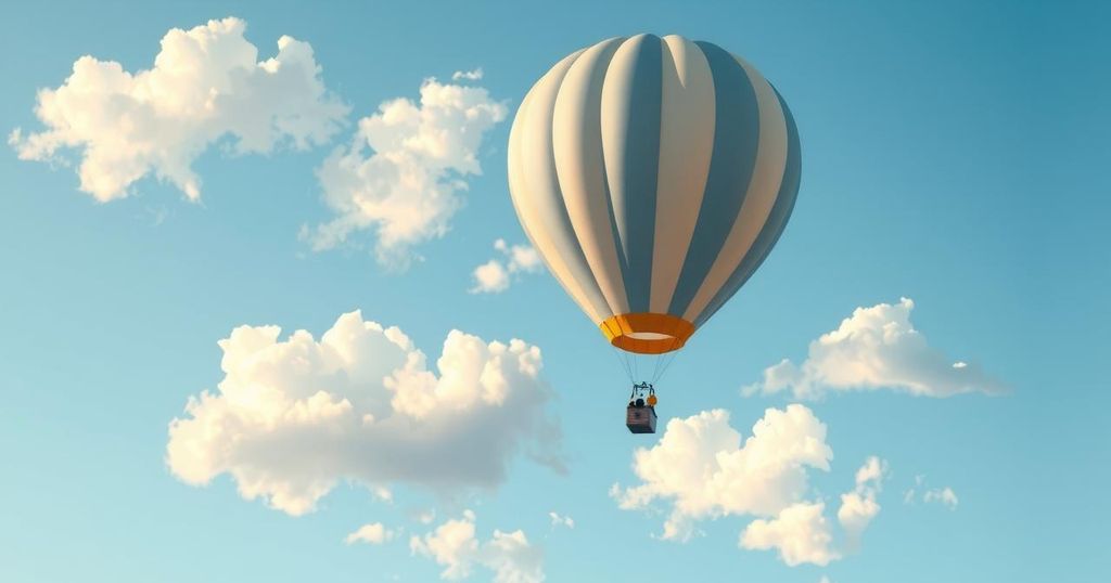 A serene hot air balloon floating among clouds in a bright blue sky, painted in soft pastels.