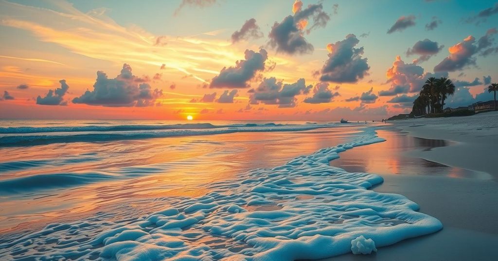 A serene beach scene with gentle waves, partly cloudy skies, and a warm sunset glow over Pensacola Beach.