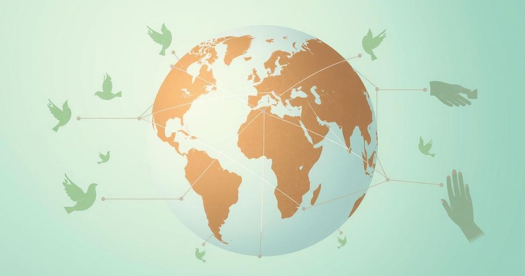 Symbolic representation of global news issues, including peace, safety and humanitarian aid themes.