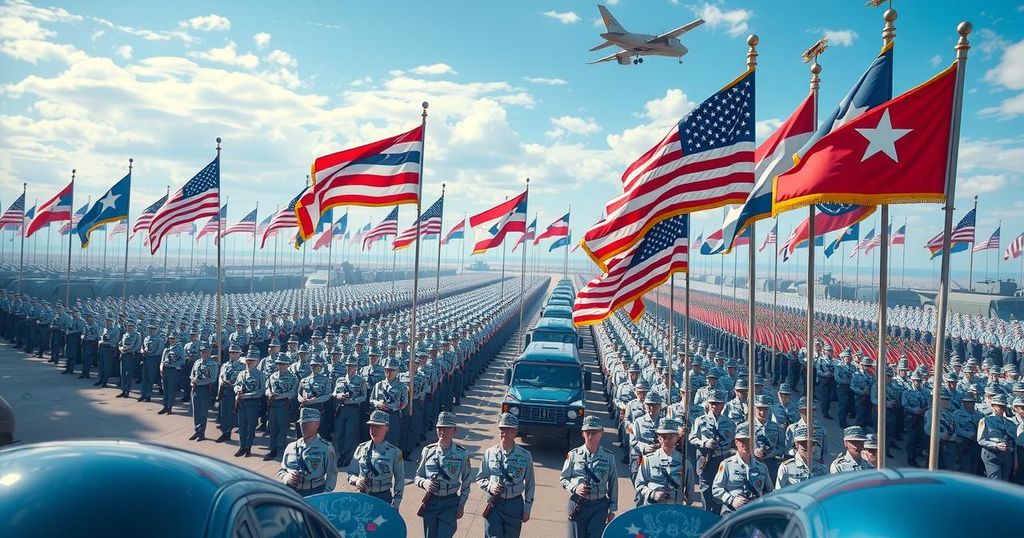 An aerial view of a military parade with flags and uniforms showcasing honor and patriotism.