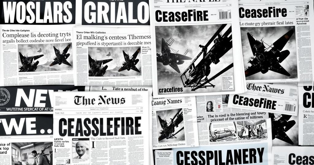 A collage of newspaper front pages featuring news on ceasefire and military conflicts with bold headlines.