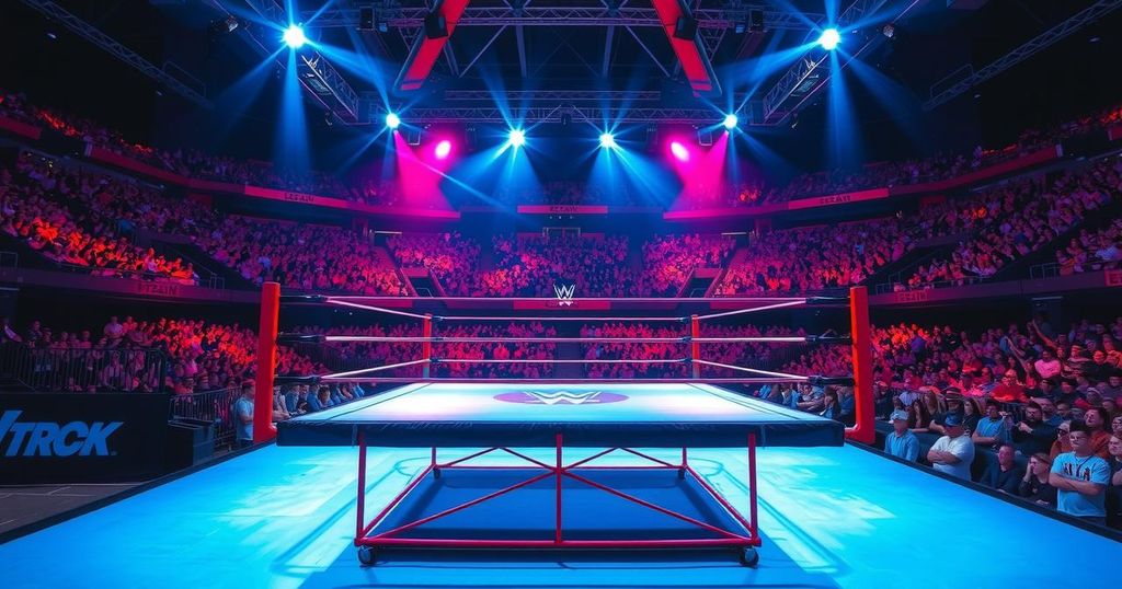 WWE wrestling ring with glaring spotlight and electric atmosphere, highlighting excitement before a match.