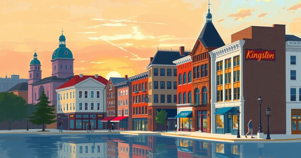 A colorful cityscape showcasing Kingston with iconic architecture and a vibrant sunset in soft pastel colors.