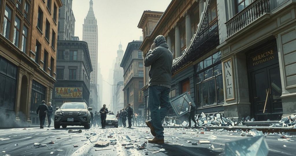 Destruction aftermath of a protest with broken glass, shattered buildings, and scattered debris in a city street.