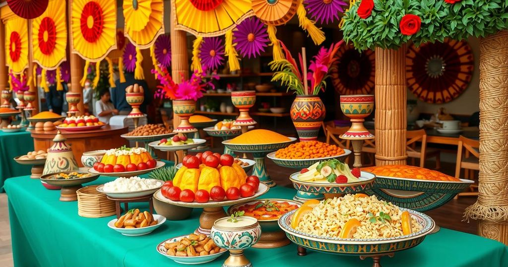 Gastronomic festival showcasing Peruvian cuisine with colorful dishes and decorations, highlighting culinary diversity.