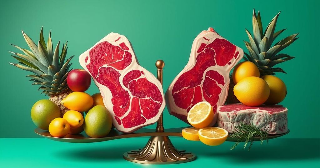 A conceptual illustration of economic tariffs, featuring a large, symbolic scale balancing a tropical fruit on one side and a beef cut on the other, with vibrant colors.