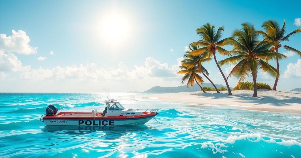 A calm seaside view illustrating police and rescue operations in a vibrant Caribbean setting.