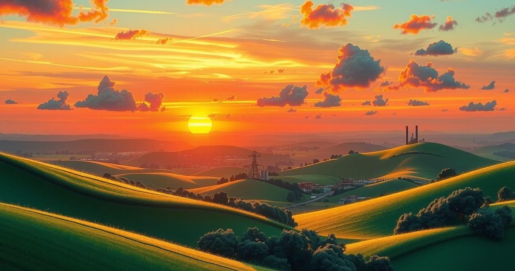 A serene landscape with rolling hills and a sunset, reflecting themes of industry and change in nature.