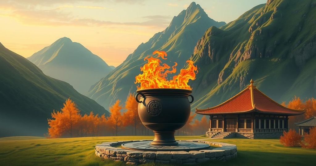 Symbolic gestures of peace: Kurdish fighters burn weapons in cauldron, representing end of conflict in Middle East.