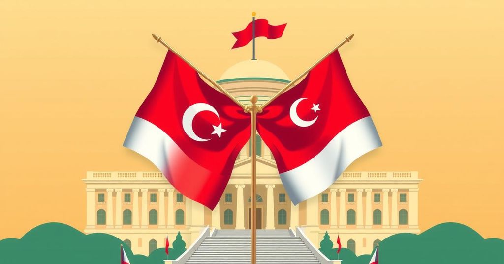 Two flags symbolizing the partnership between UAE and Turkey, with a backdrop of a government building and warm colors.