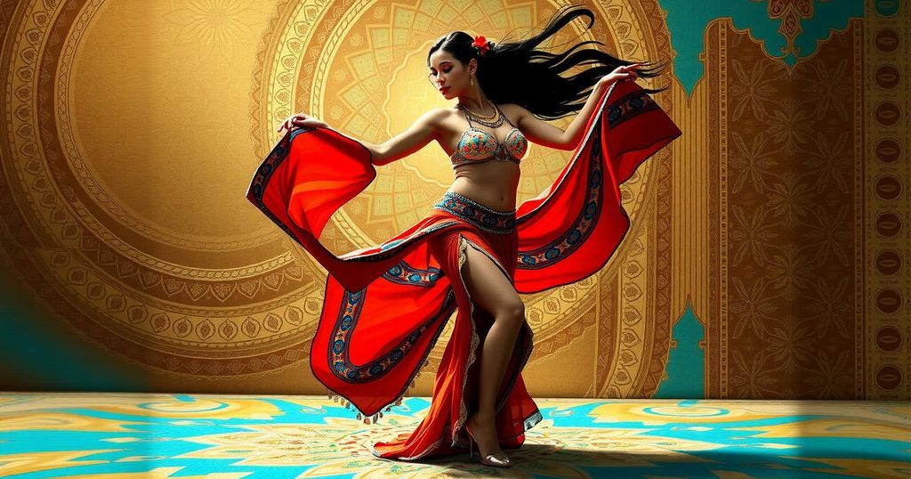 A colorful illustration of a belly dancer performing, surrounded by vibrant patterns of traditional Middle Eastern textiles.