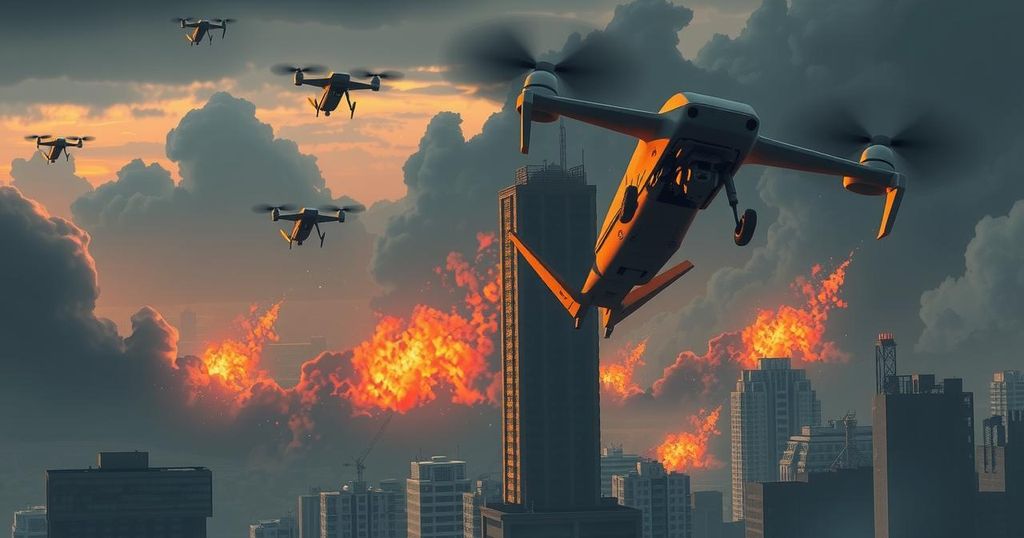A landscape depicting drone strikes in an urban setting, showcasing dark clouds and fiery silhouettes against a gray sky.