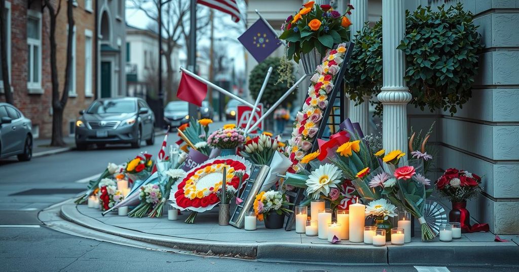 A solemn scene with floral tributes at a street corner, expressing community grief and support for a lost figure.