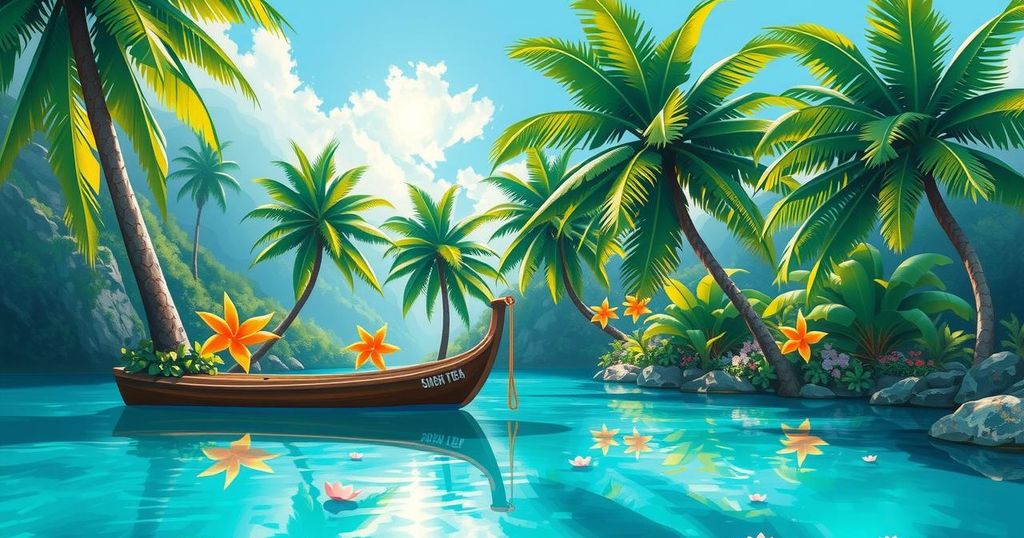 A vibrant scene of a tropical island landscape with lush greenery and clear blue waters representing The Comoros.