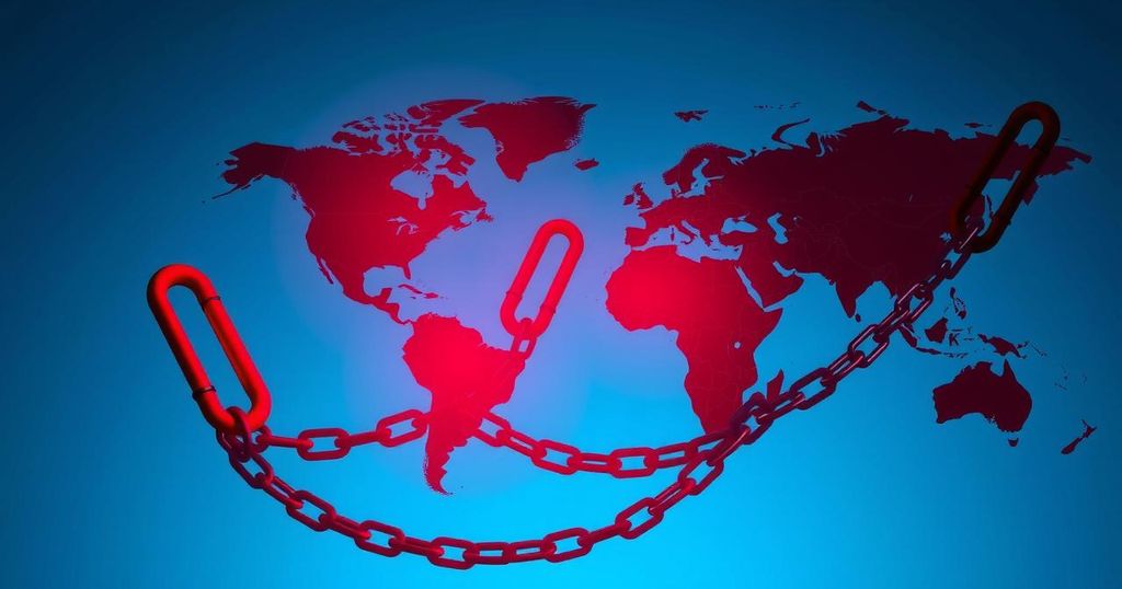 A tangled web of international negotiations, featuring symbolic chains, maps, and a contrasting color scheme of red and blue.