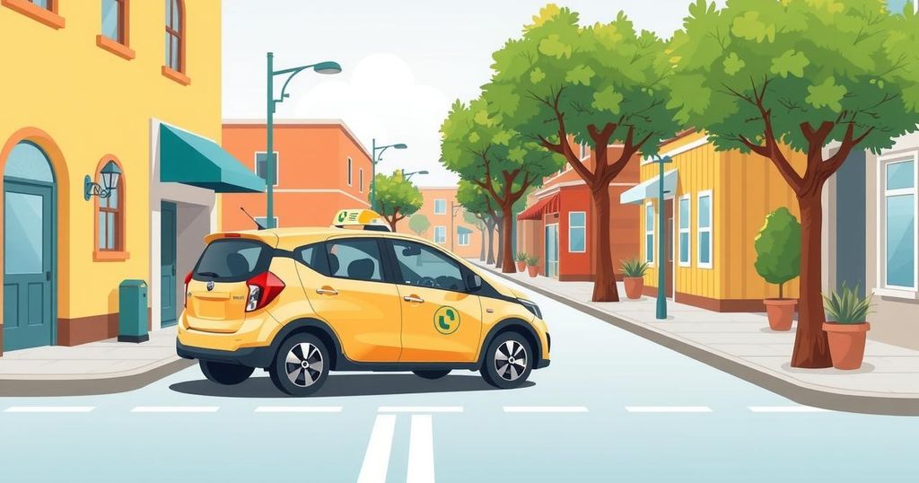 An urban scene with a bright, lively color palette showcasing a parked ride-hailing vehicle and an empty street.