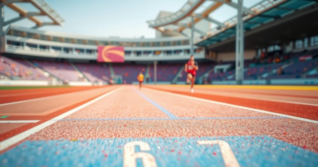 Track with a running lane and a blurred background depicting speed and motion in athletics.
