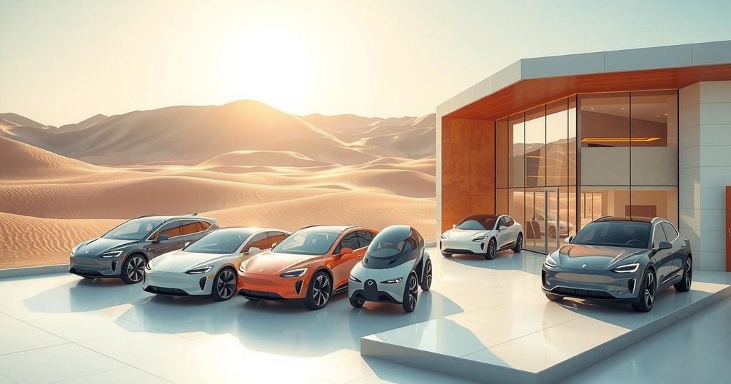 A stylized electric vehicle showroom representing expansion plans in a desert landscape with modern architecture.