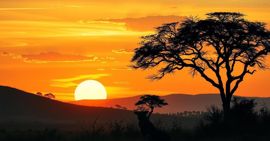 A majestic African savanna landscape with acacia trees at sunset, showcasing warm hues of orange and gold.