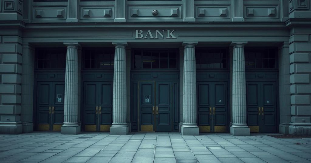 An empty bank with closed doors, darkened windows, and a somber atmosphere, highlighting the banking crisis in Lebanon.