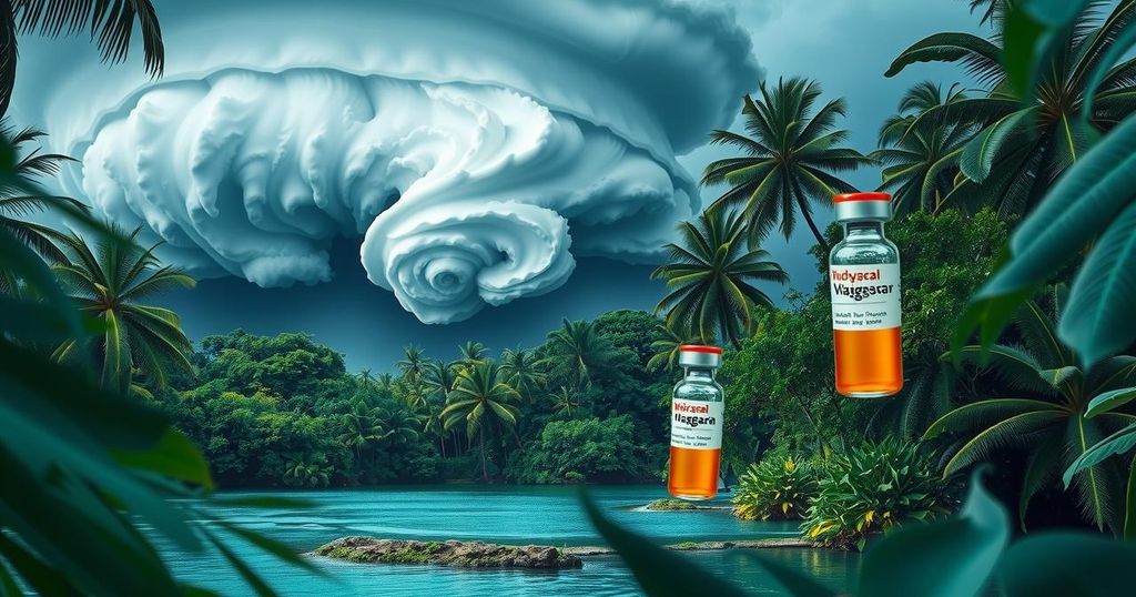 Vibrant tropical scenery with cyclones and vaccines concept, using vivid blues and greens to highlight Madagascar's landscape.
