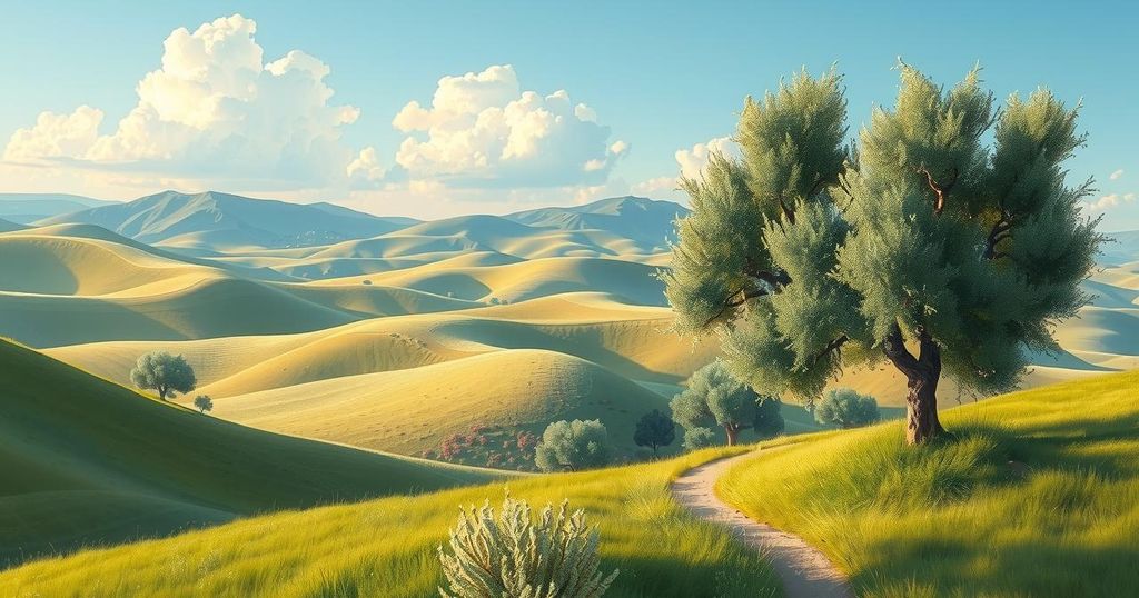 A serene landscape of the Druze heartland with rolling hills and olive trees, symbolizing peace and unity in conflict.