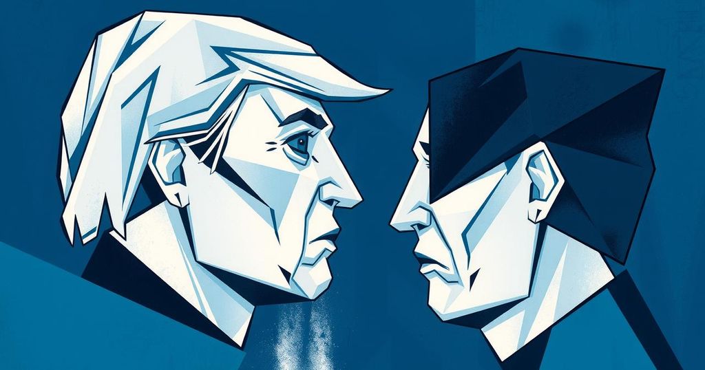 A dark blue and white abstract art piece symbolizing political tension and discourse, featuring sharp, angular shapes.